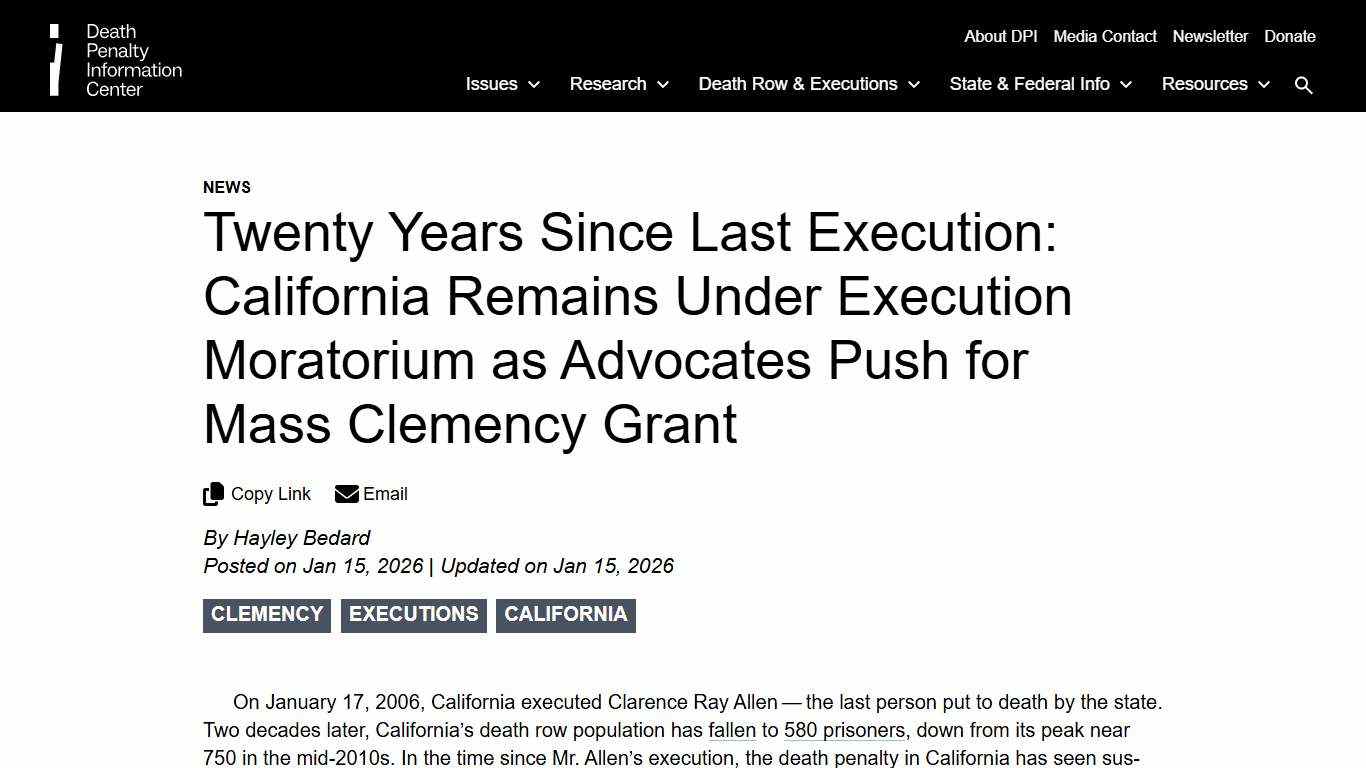 Twenty Years Since Last Execution: California Remains Under Execution Moratorium as Advocates Push for Mass Clemency Grant Death Penalty Information Center